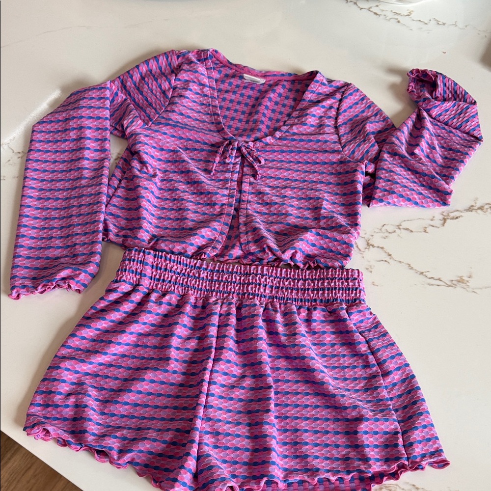 GIRLS Pink and Blue Patterned Two-Piece Swim Coverup Set